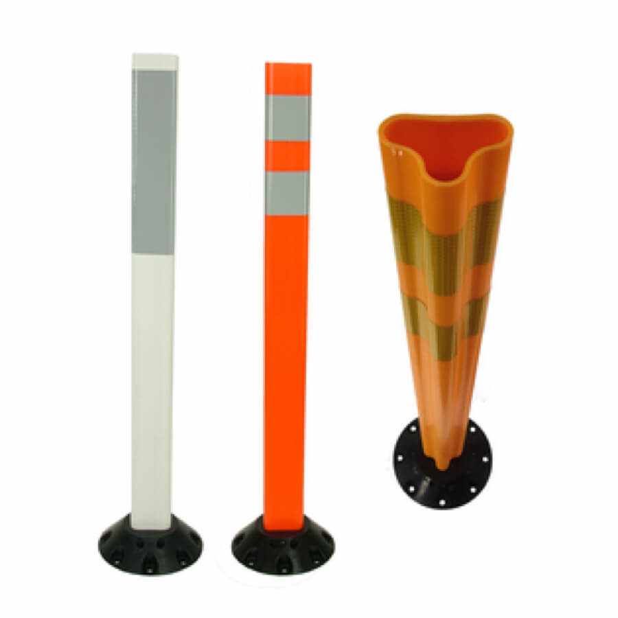 White and orange flexible delineator posts with reflective bands and bases
